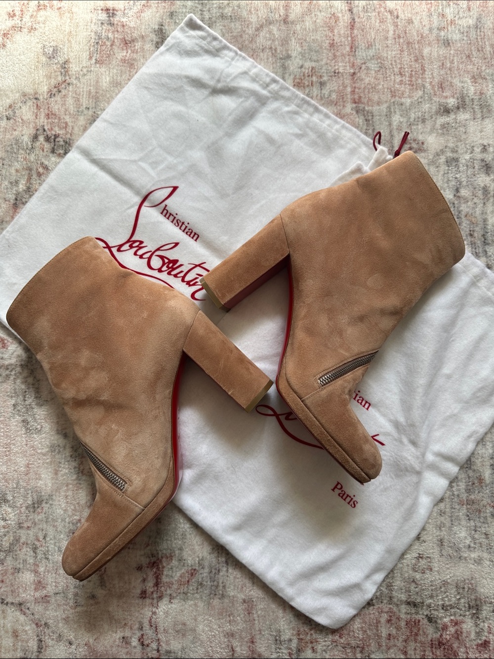 Christian Louboutin Tan Suede Ankle Booties with Signature Red Soles - Picture 11 of 13